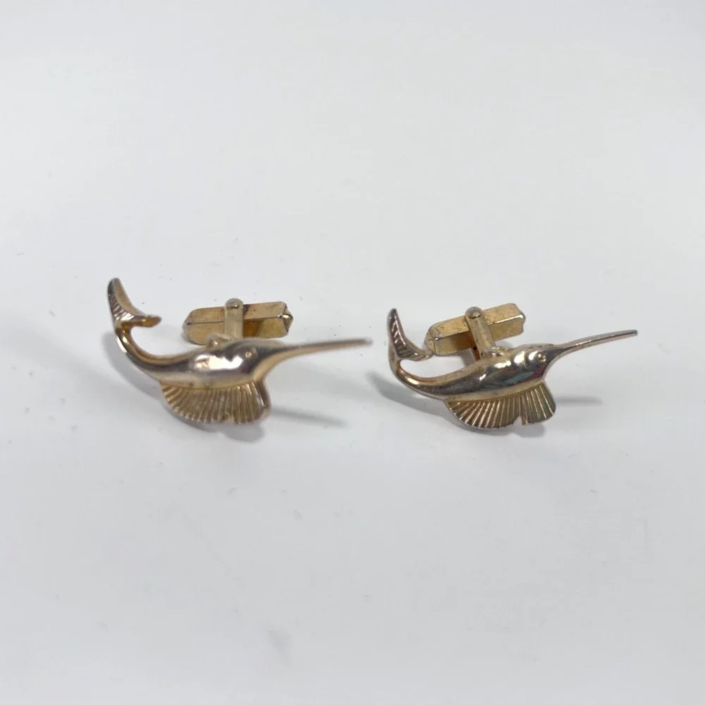 SWANK Cufflinks Gold Tone Metal Marlin Fish Swordfish Sport‎ Fishing Vintage